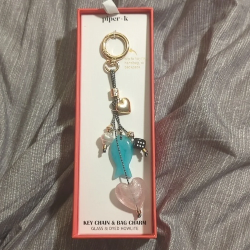 Piper K Blue Fish Pink Heart Key Chain Bag Charm New In box